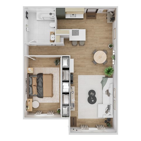 Floor plan for 1 bed, 1 bath, 777 sqft